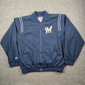 Majestic Milwaukee Brewers Jacket Mens XXL Navy Blue MLB Authentic Bomber